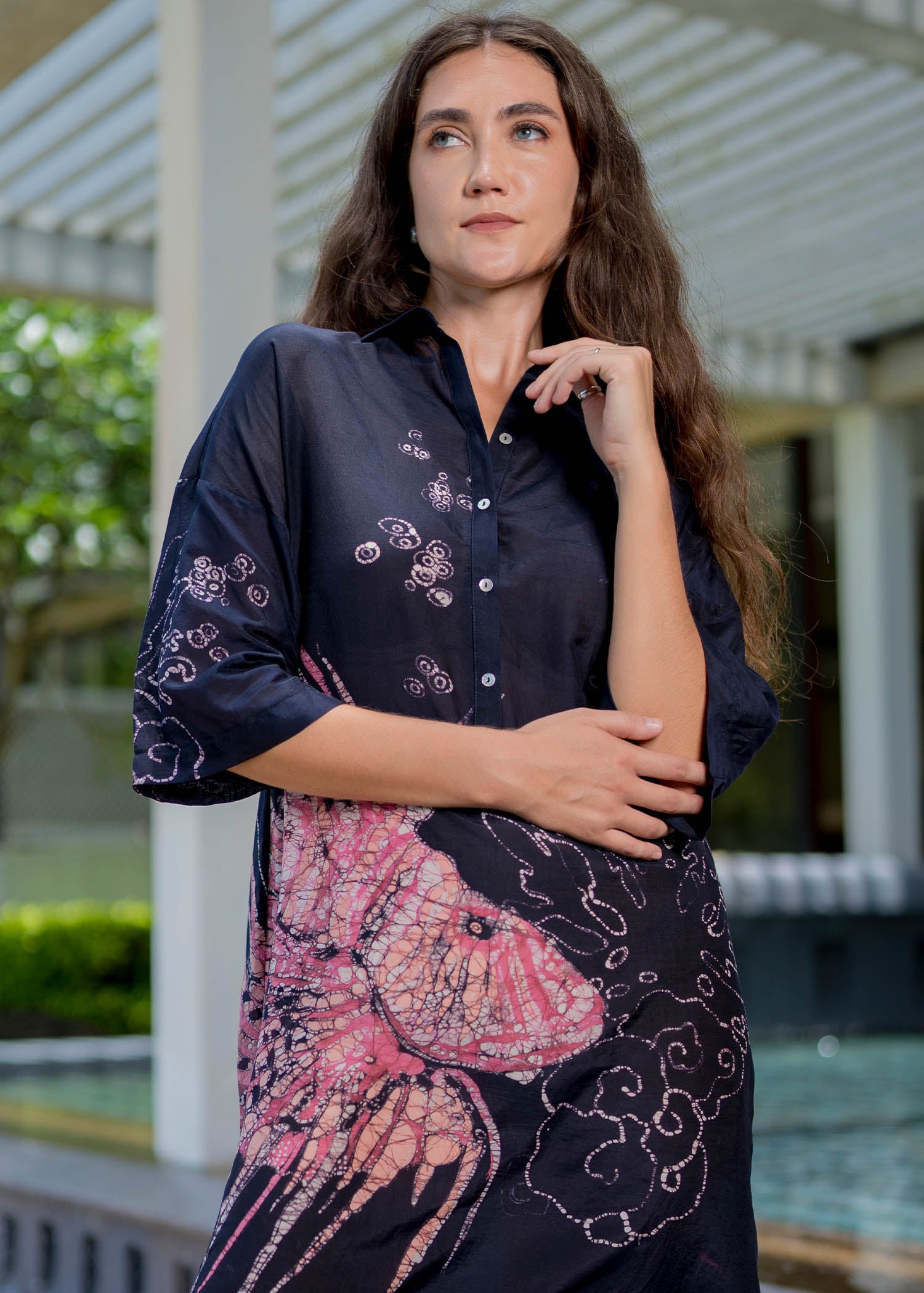 Jelly Fish Hand Painted Batik Short Placket Shirt dress