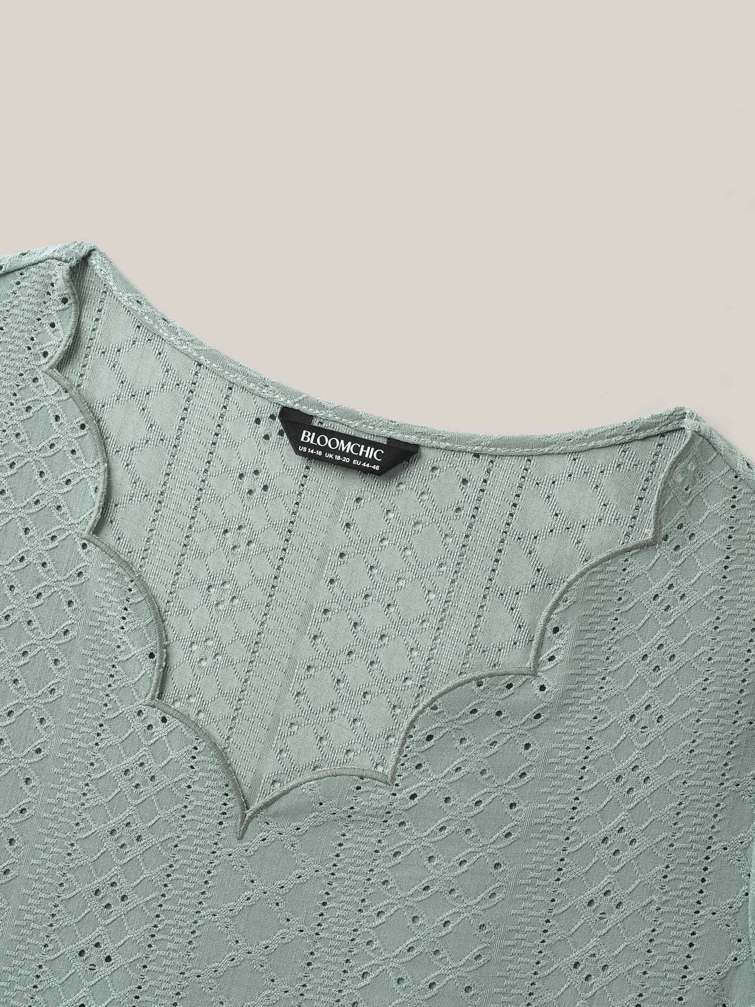 Eyelet Trim Scalloped Neck Stretchy T-Shirt