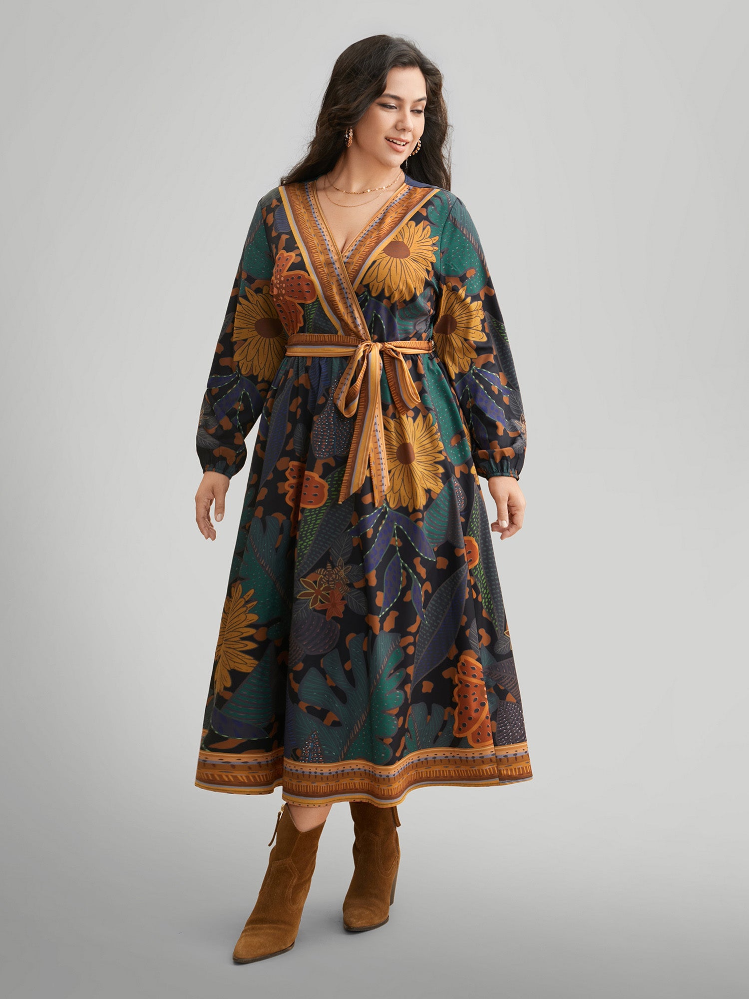 Boho Print Belted Lantern Sleeve Dress