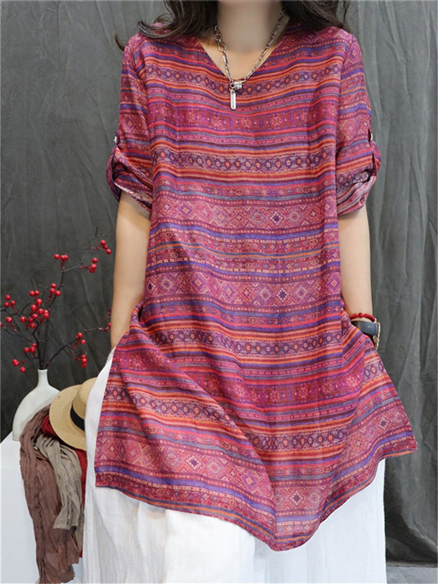 Women Summer Retro Geometric V-Neck 100%Ramie Shirt