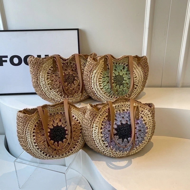 Women's Large Straw Color Block Vacation Beach Round Zipper Straw Bag