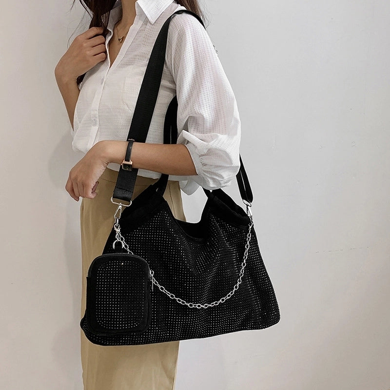 Vintage Style Solid Color Rhinestone Semicircle Zipper Shoulder Bag Tote Bag