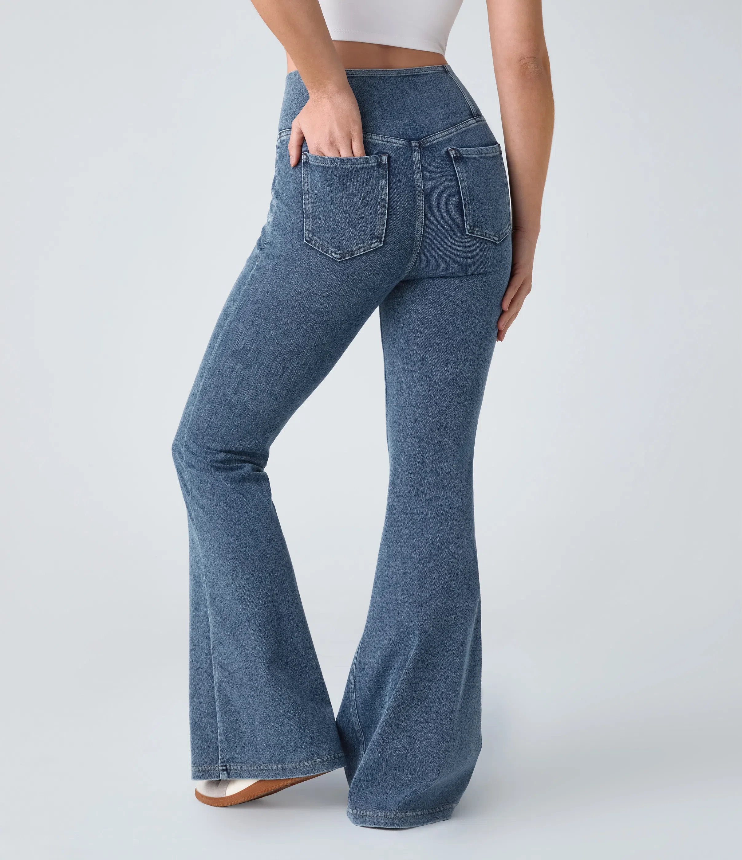 ⚡8 Packs for $25.95⚡- High Waisted Crossover Pocket Washed Stretchy Knit Casual Super Flare Jeans