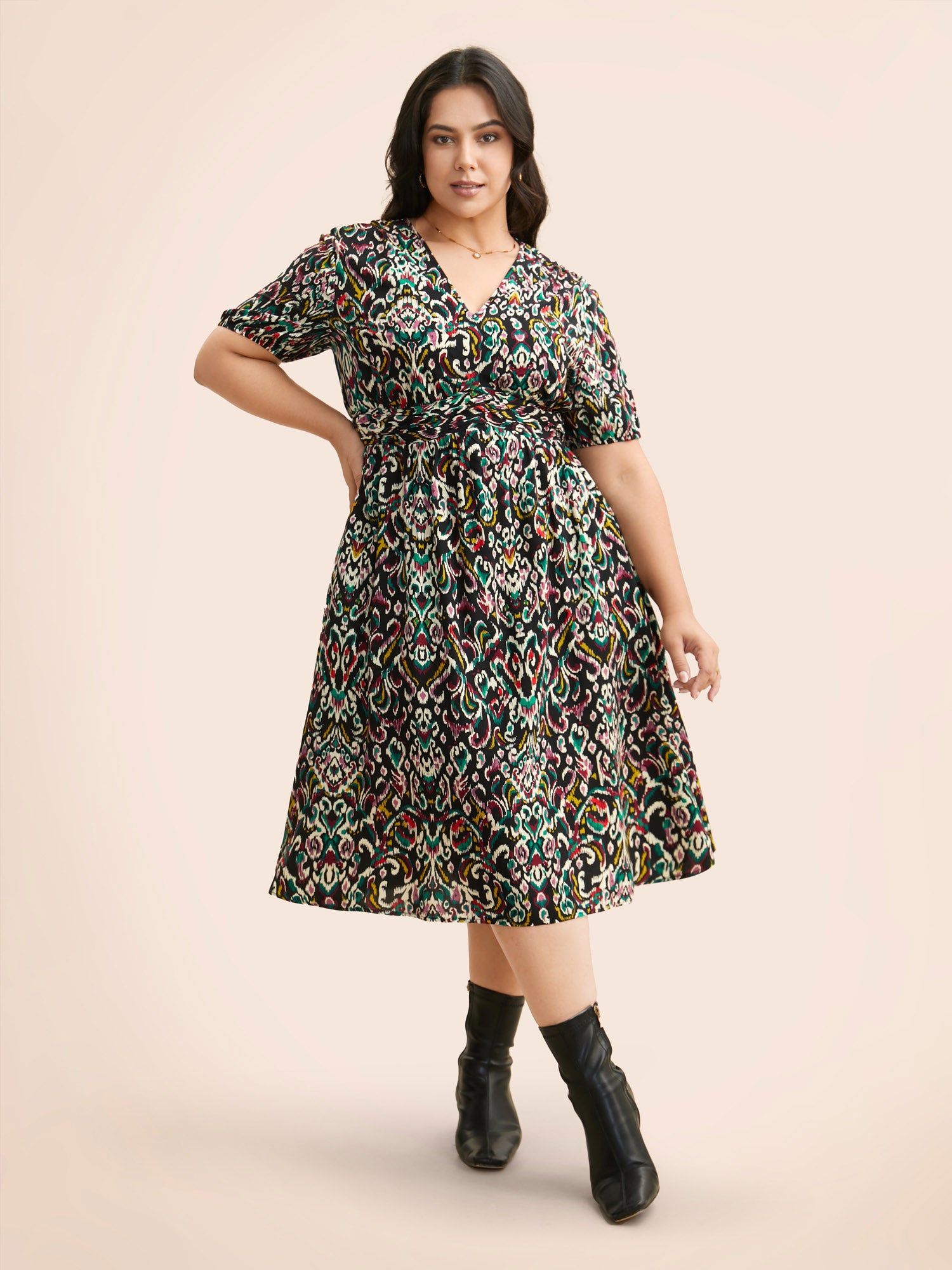 Bandana Print V Neck Shirred Gathered Dress