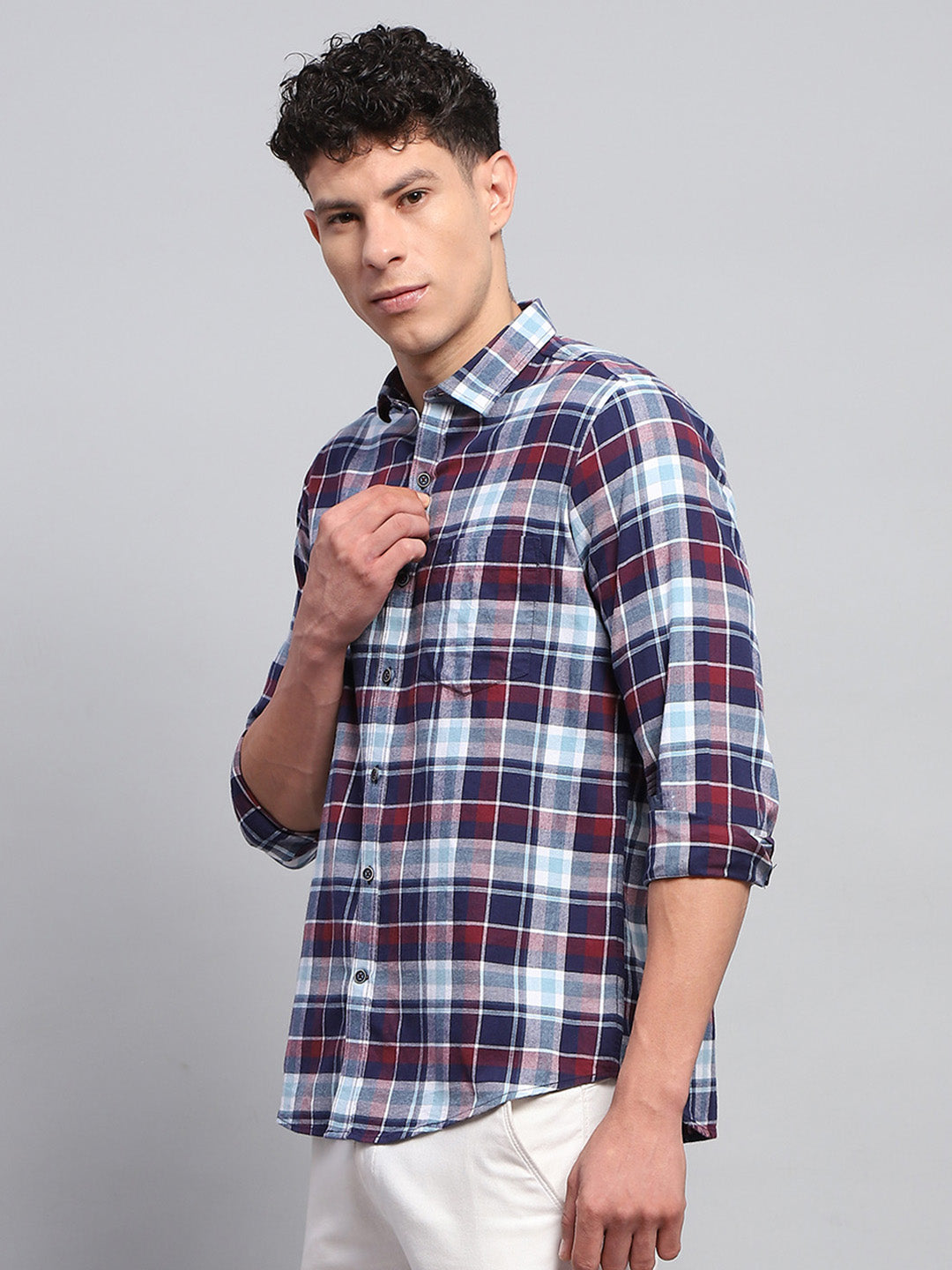 Men Blue Check Collar Full Sleeve Shirt