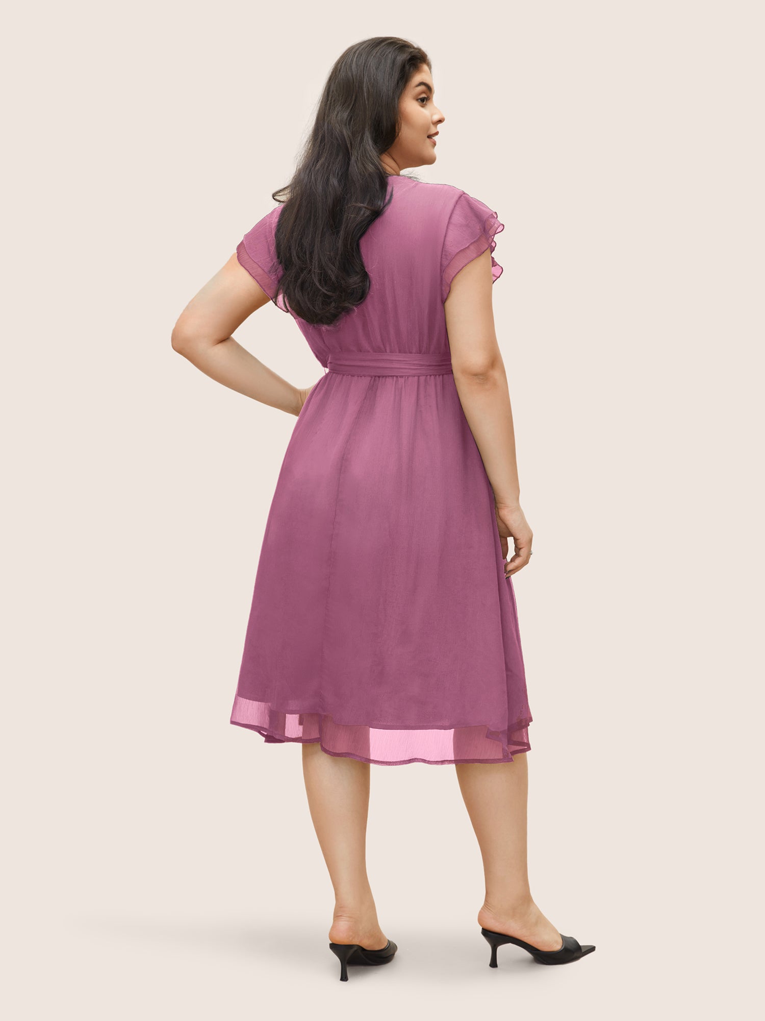 Solid Mesh Belted Ruffle Cap Sleeve Dress