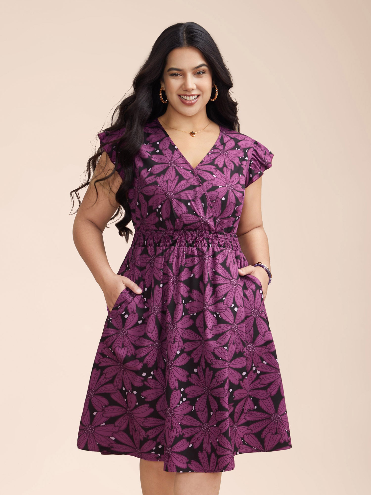 Surplice Neck Floral Shirred Elastic Waist Midi Dress
