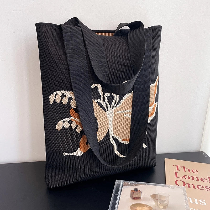 Women's Medium Knit Butterfly Classic Style Square Open Tote Bag