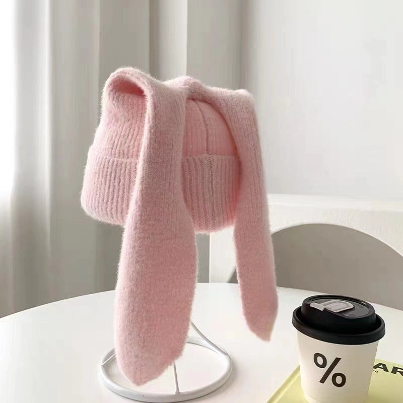 New Long Ears Rabbit Knitted Hat For Women Winter Warm Cute Skin-friendly Soft Faux Mink Wool Hat