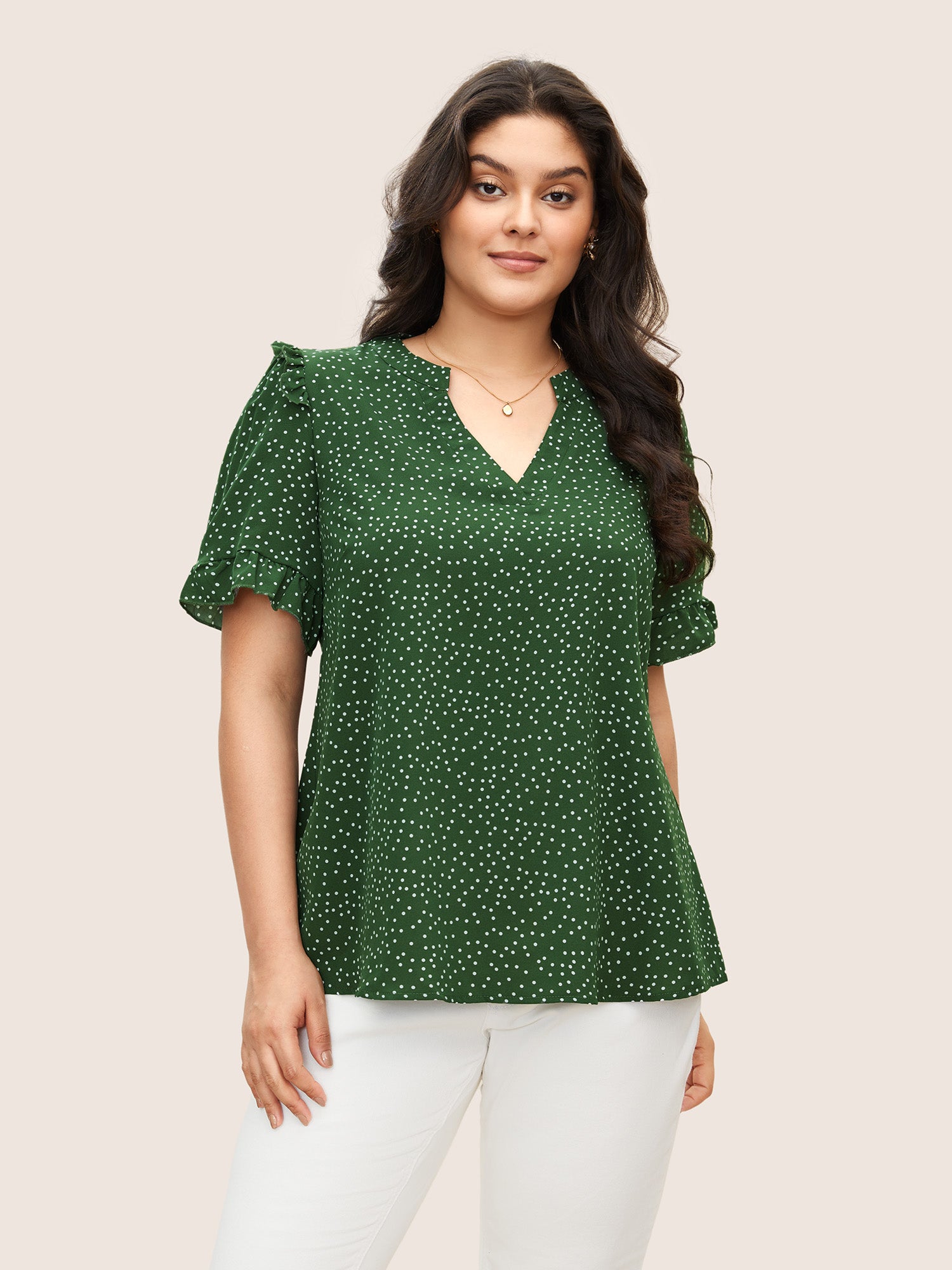 Polka Dot V Neck Ruffle Trim Blouse