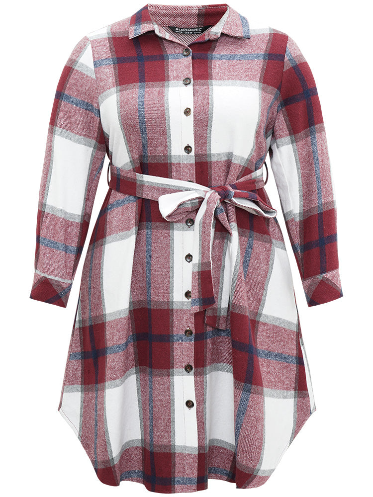 Plaid Shirt Collar Button Through Belted Dress