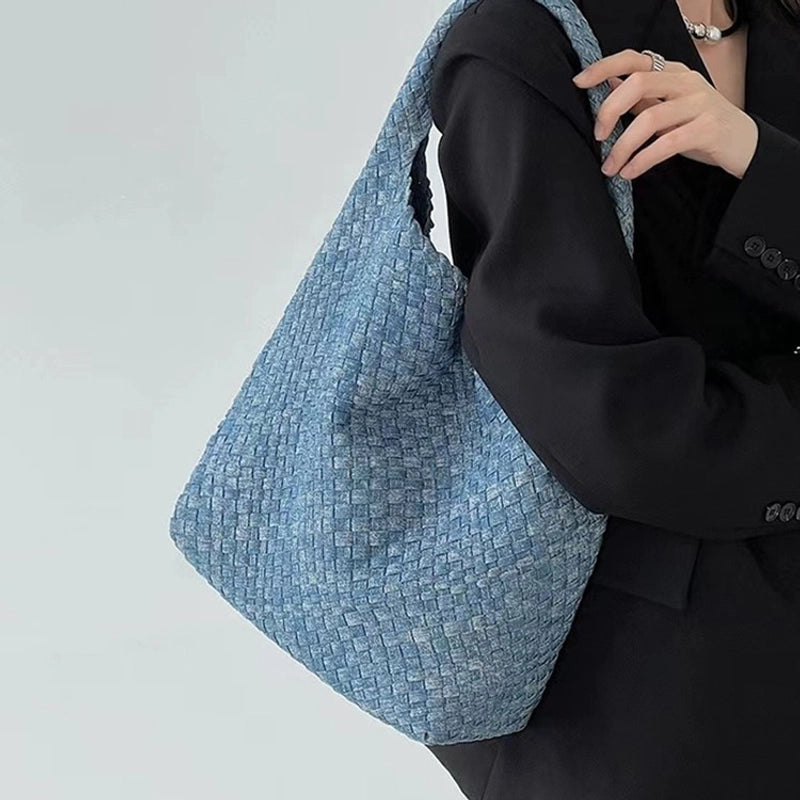 Women's Denim Solid Color Classic Style Weave Bucket Open Shoulder Bag