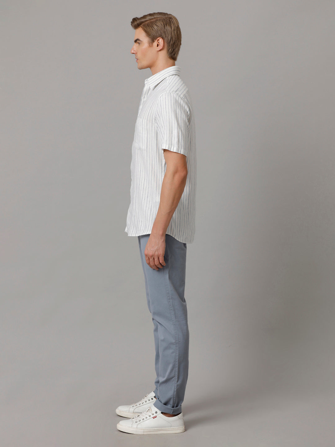 Men Stripes Casual White Shirt (LAINE)