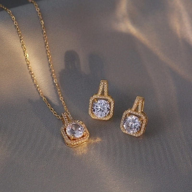 Elegant Square Titanium Steel Inlay Zircon Earrings Necklace