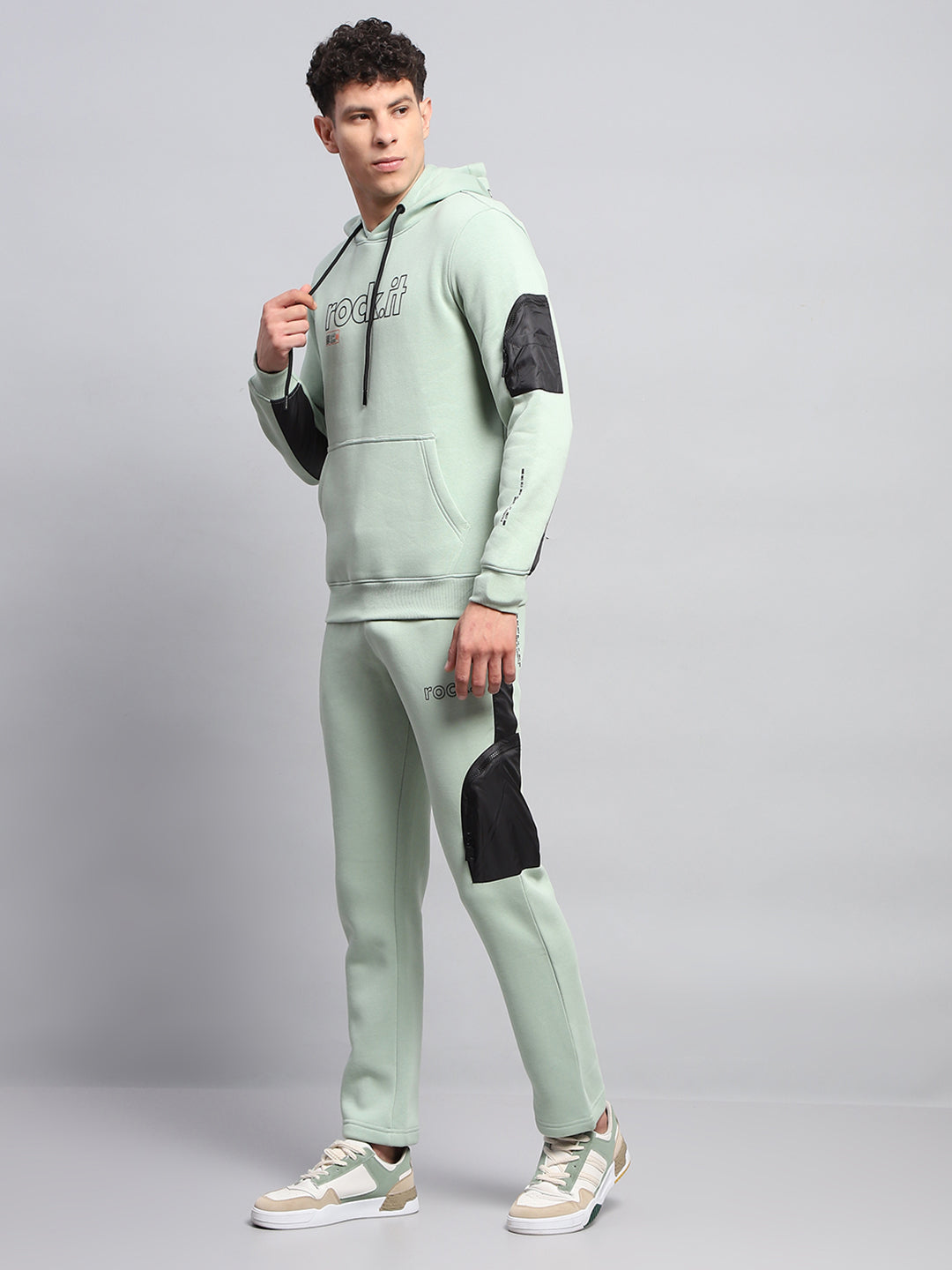 Men Green Printed Hooded Full Sleeve Winter Tracksuit