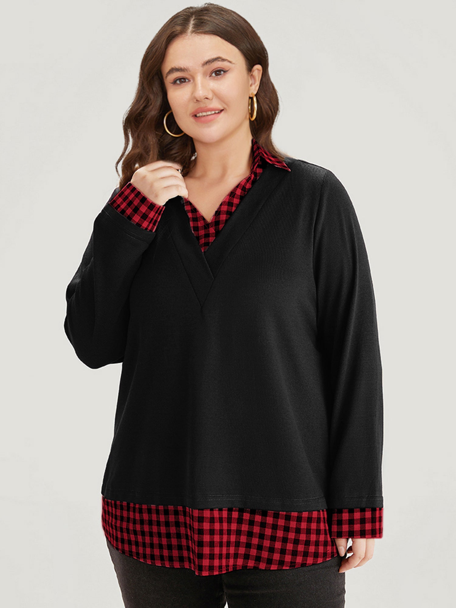 Gingham Patchwork Shirt Collar Arc Hem Sweatshirt