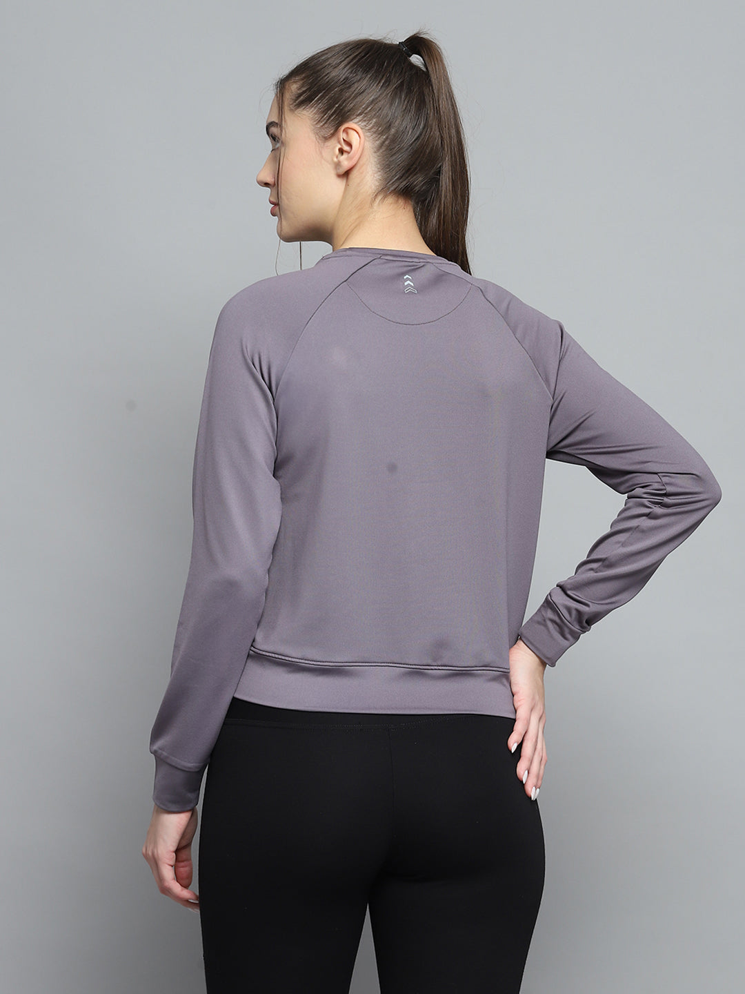 Women Grey Solid Round Neck Full Sleeve Sweatshirt