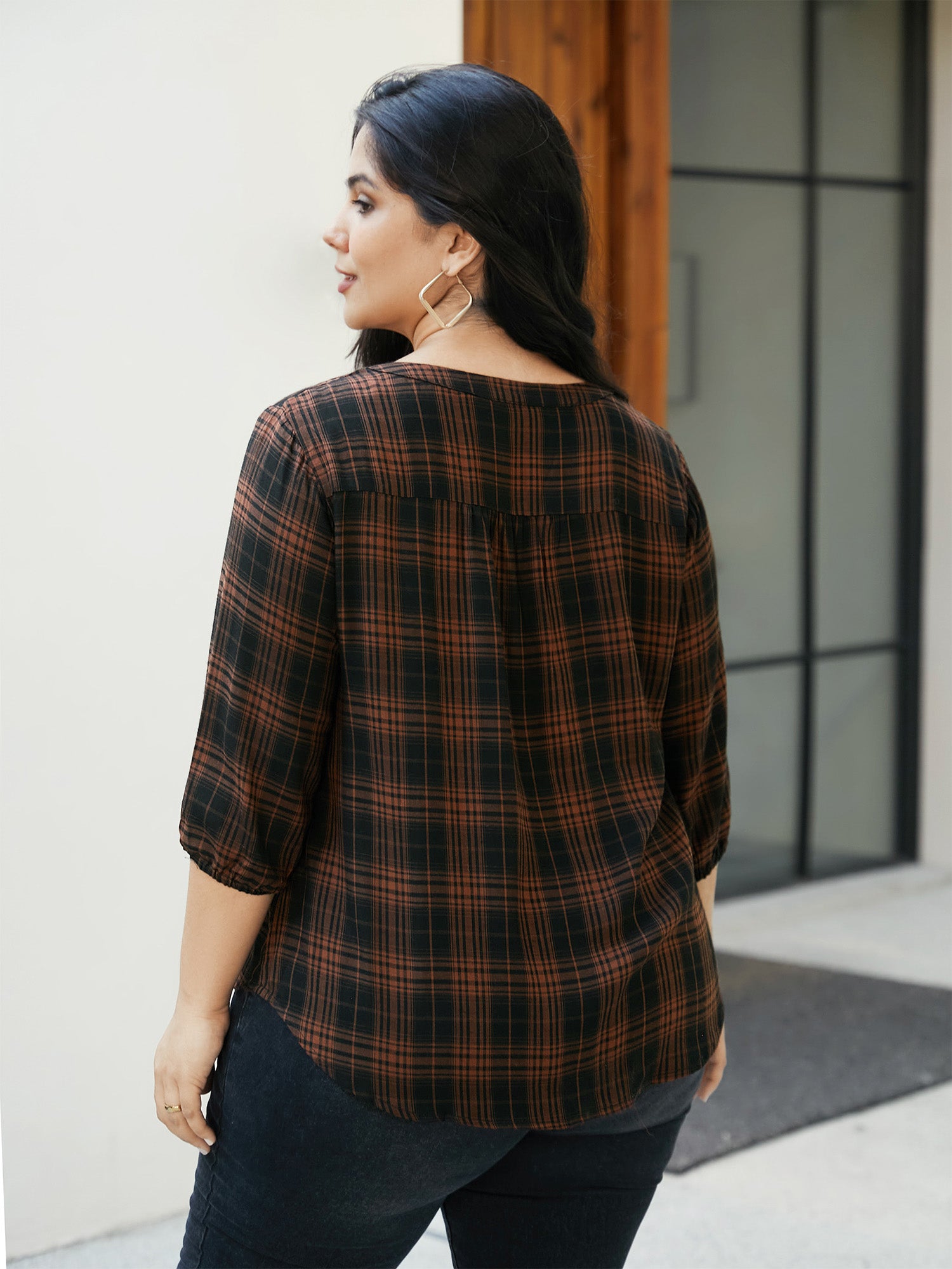 Plaid Pleated Button Placket Blouse