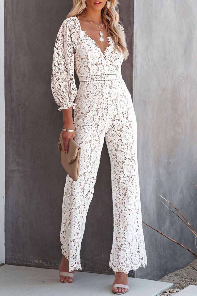 White Embroidery Lace V Neck Regular Jumpsuits