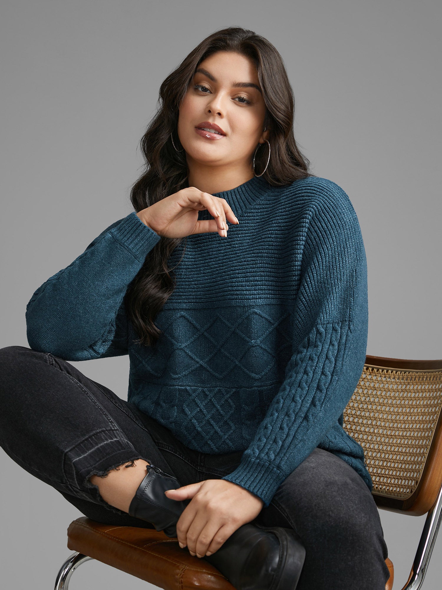 Cable Knit Texture Drop Shoulder Sleeve Pullover