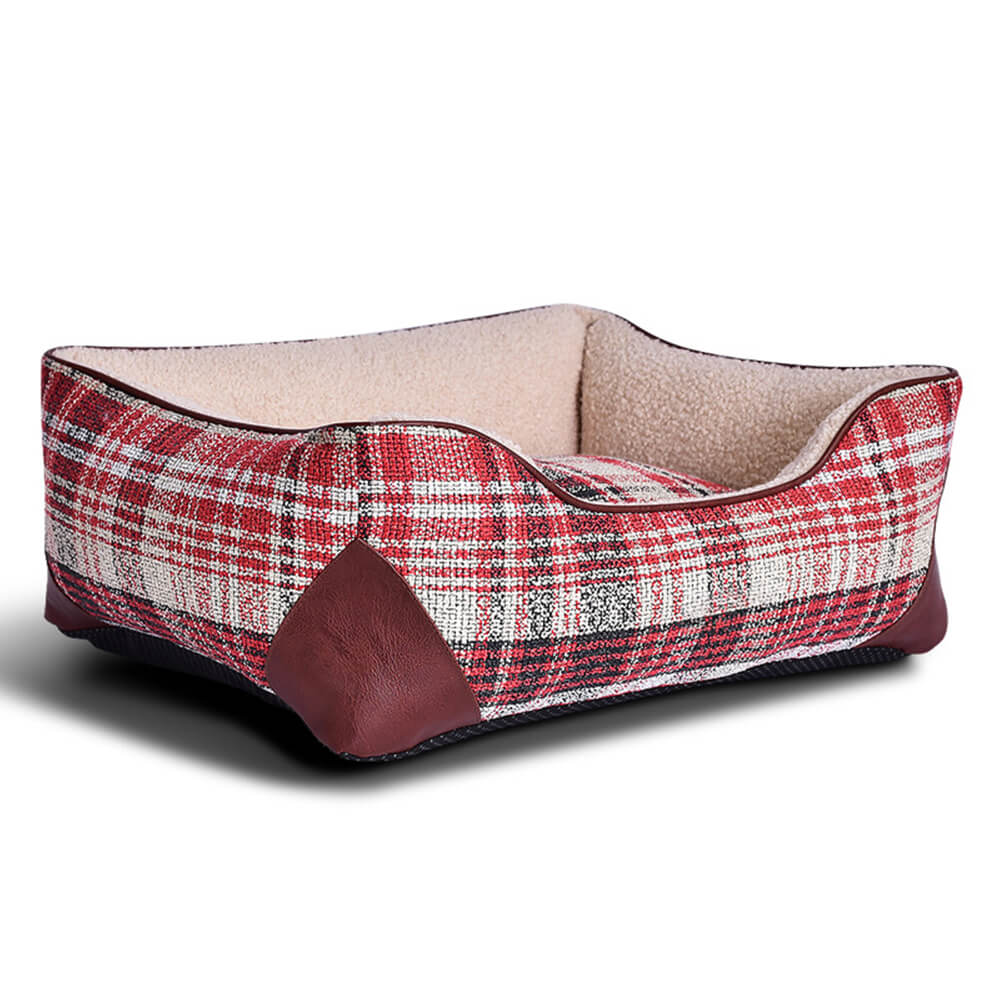 Square Vintage Plaid Faux Sherpa PU Leather Dog & Cat Bed