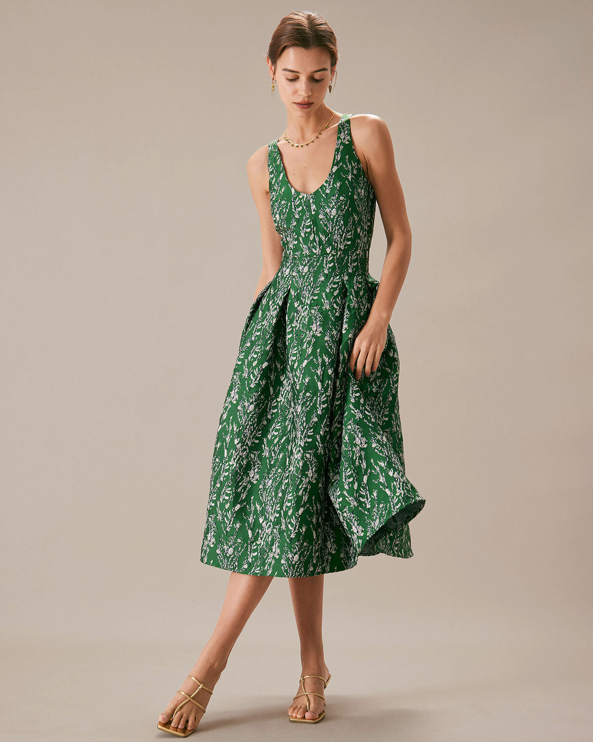 The Green V Neck Floral Pleated Midi Dress