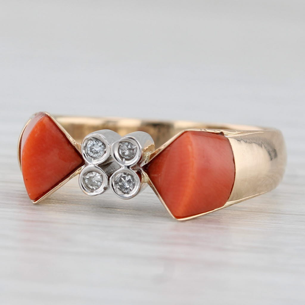 Coral Diamond Ring 14k Yellow Gold Size 8.25 Vintage Abstract