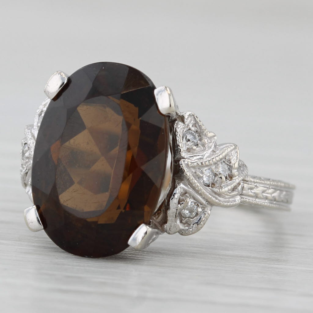 6.11ctw Smoky Quartz Diamond Ring 10k White Gold Size 6.5