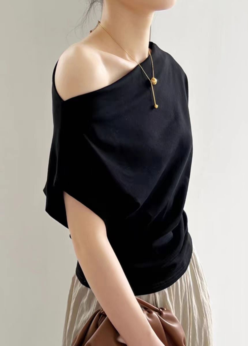 Women Black Slash Neck Solid Cotton T Shirt Summer