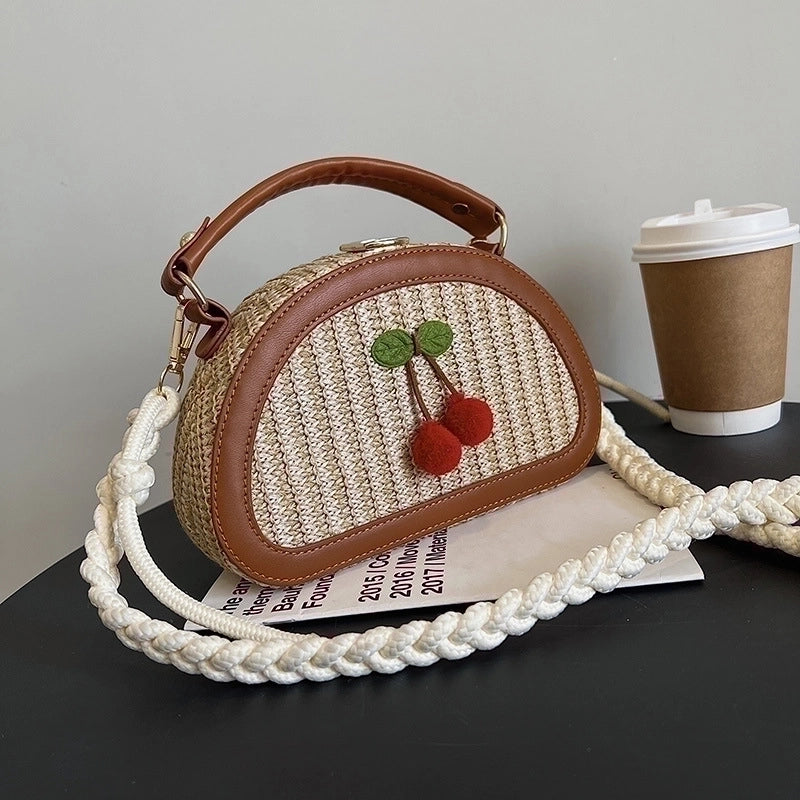 Women's Small Straw Color Block Cherry Streetwear Lock Clasp Handbag Crossbody Bag