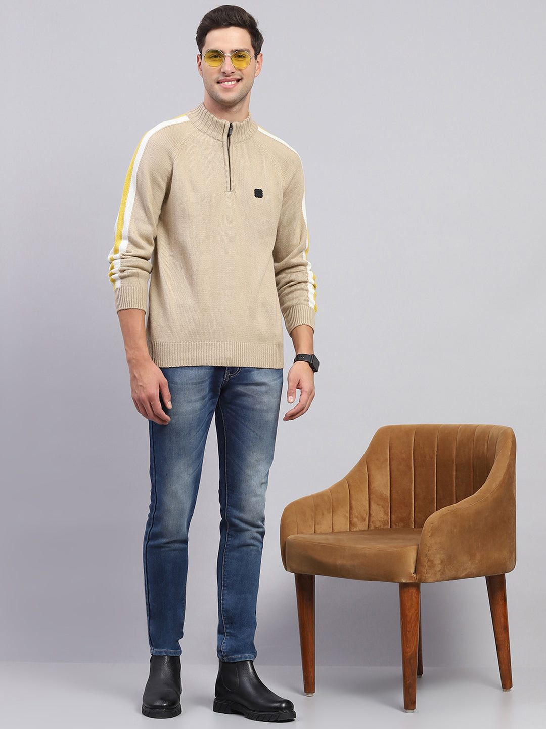 Men Beige Solid Mock Neck Full Sleeve Pullover