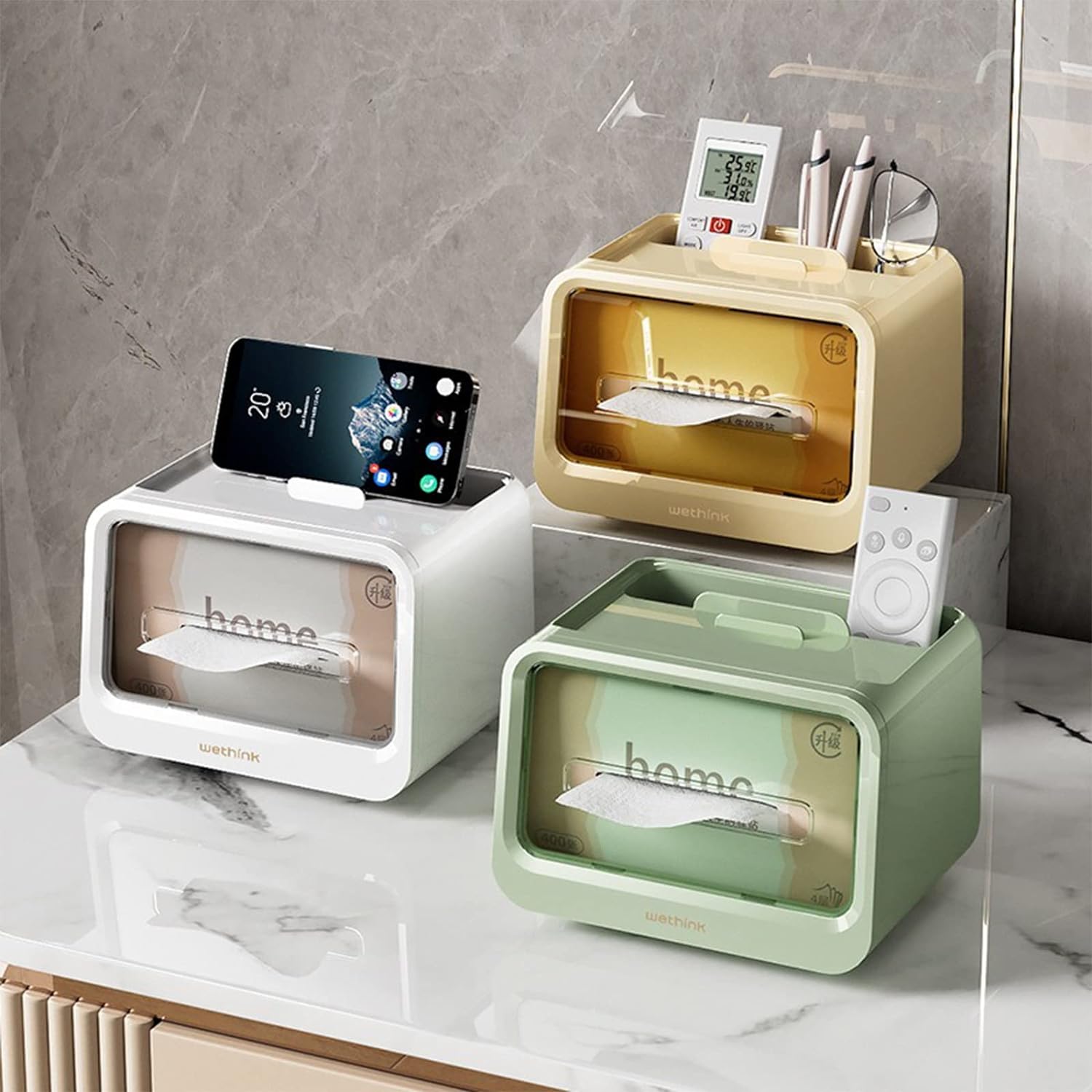 Multifunctional Tissue Box Holder with Stationery Remote Control Box