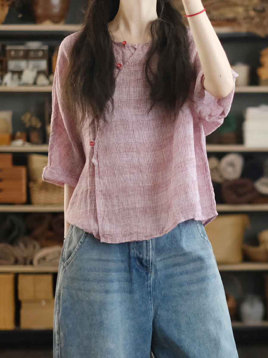 Women Summer Retro Plaid O-Neck 100%Linen Shirt