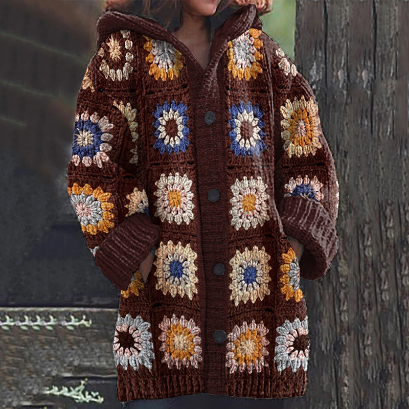 Vintage Crochet Plaid Block Pattern Hooded Sweater Cardigan