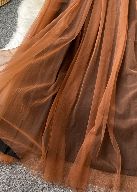 Coffee Square Collar Wrinkled Patchwork Tulle Dresses Lantern Sleeve