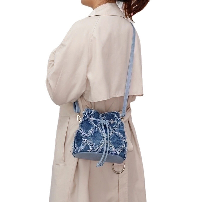 Women's Denim Solid Color Fashion Bucket String Shoulder Bag Crossbody Bag Bucket Bag
