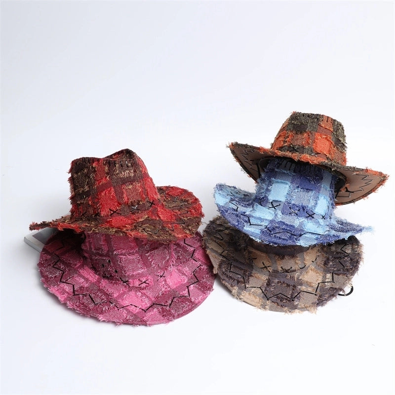 Floral Plaid Western Cowboy Hat Men And Women Couple Outdoor Mongolian Hat Knight Hat Travel Hat