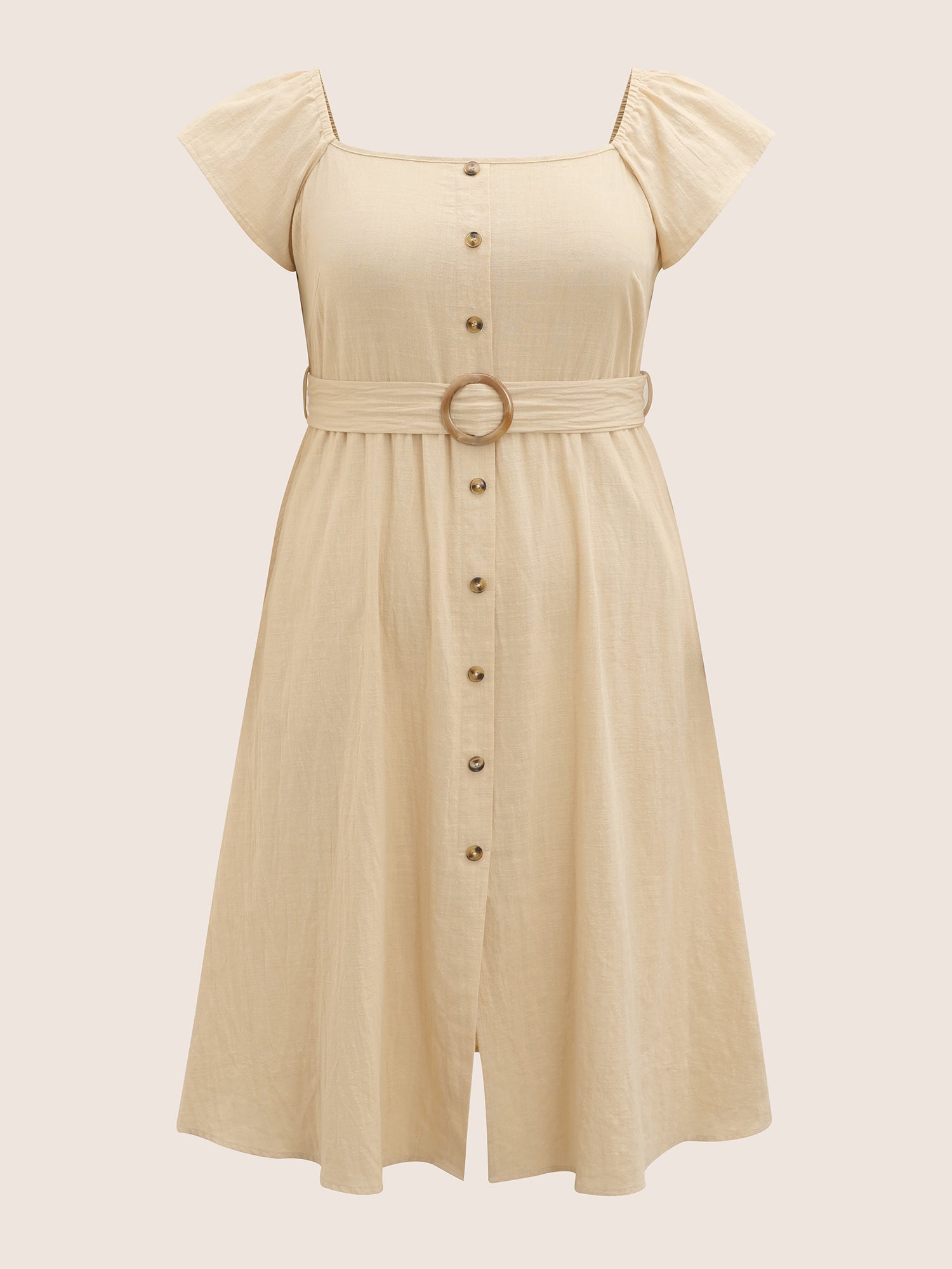 Cotton Solid Buckle Detail Ruffle Cap Sleeve Dress