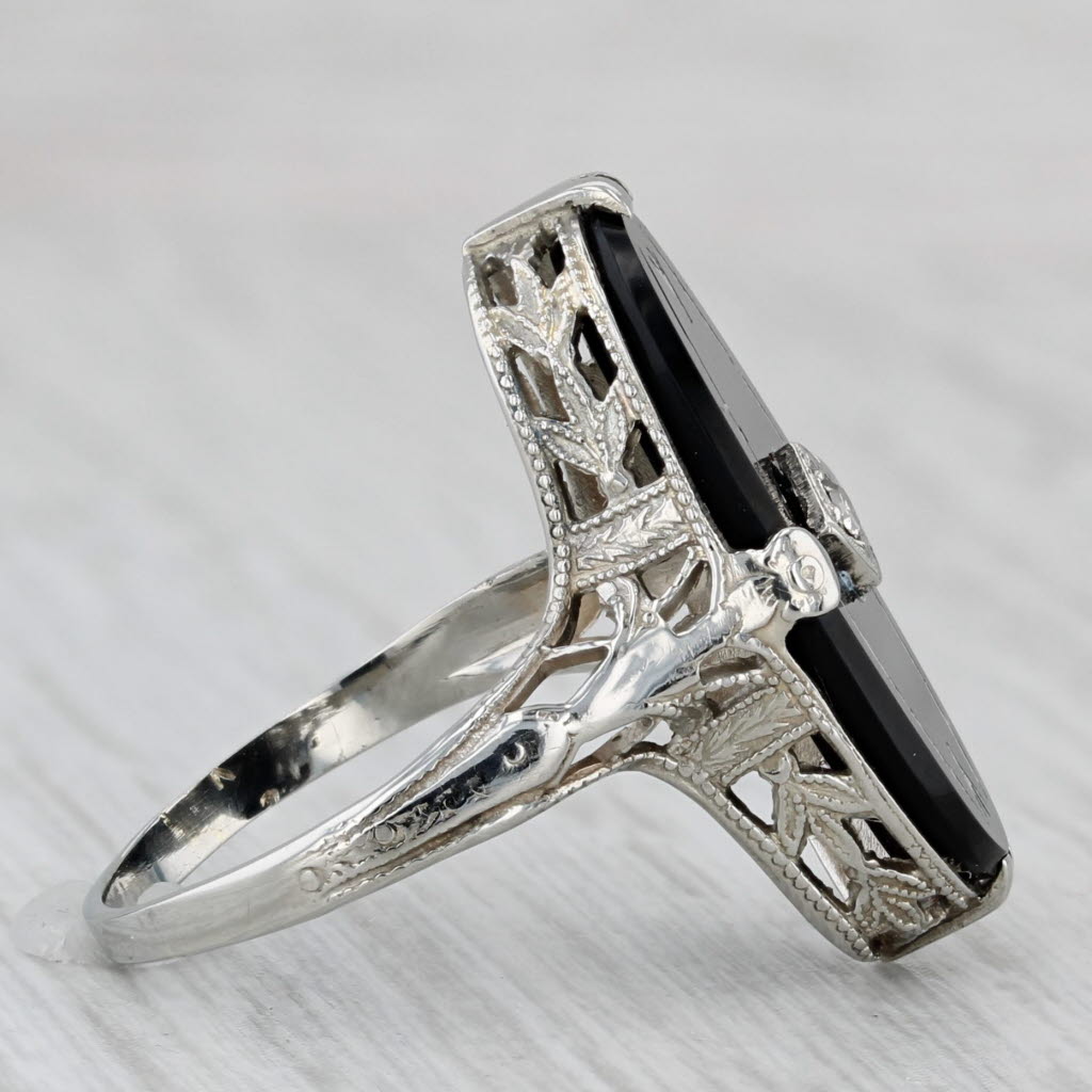 Vintage Onyx Diamond Filigree Ring 14k White Gold Size 5.25