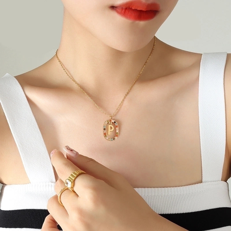 INS Style Letter Oval Titanium Steel Zircon 18K Gold Plated Inlay Necklace