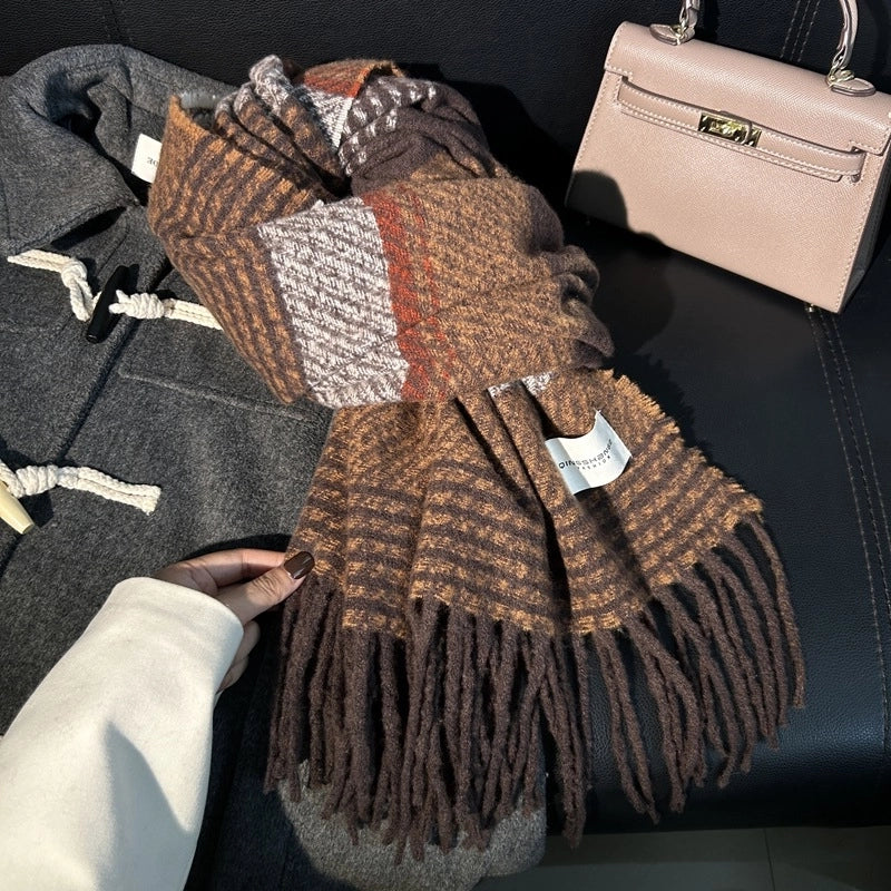Unisex Retro Lattice Polyester Tassel Scarf