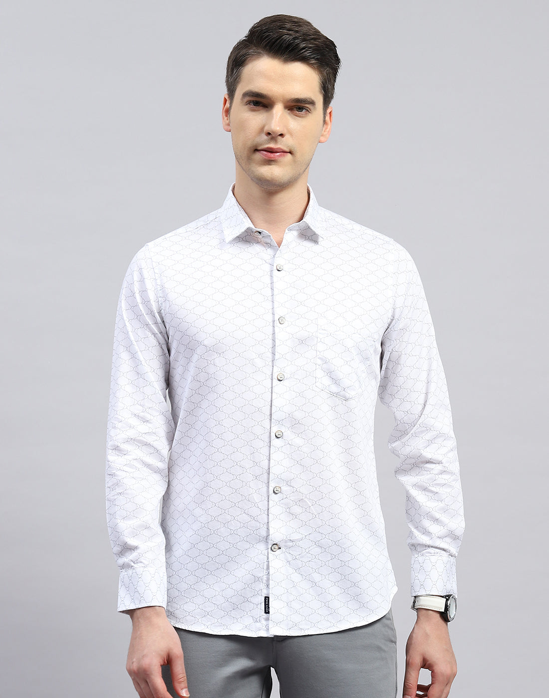 Men White Printed Collar Full Sleeve Shirt