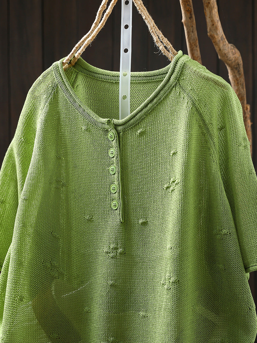 Women Summer Casual Jacquard Knitted O-Neck Shirt