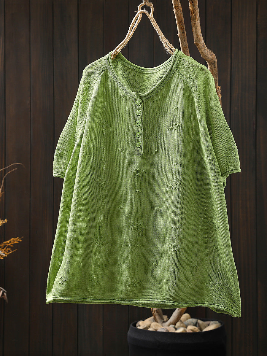 Women Summer Casual Jacquard Knitted O-Neck Shirt
