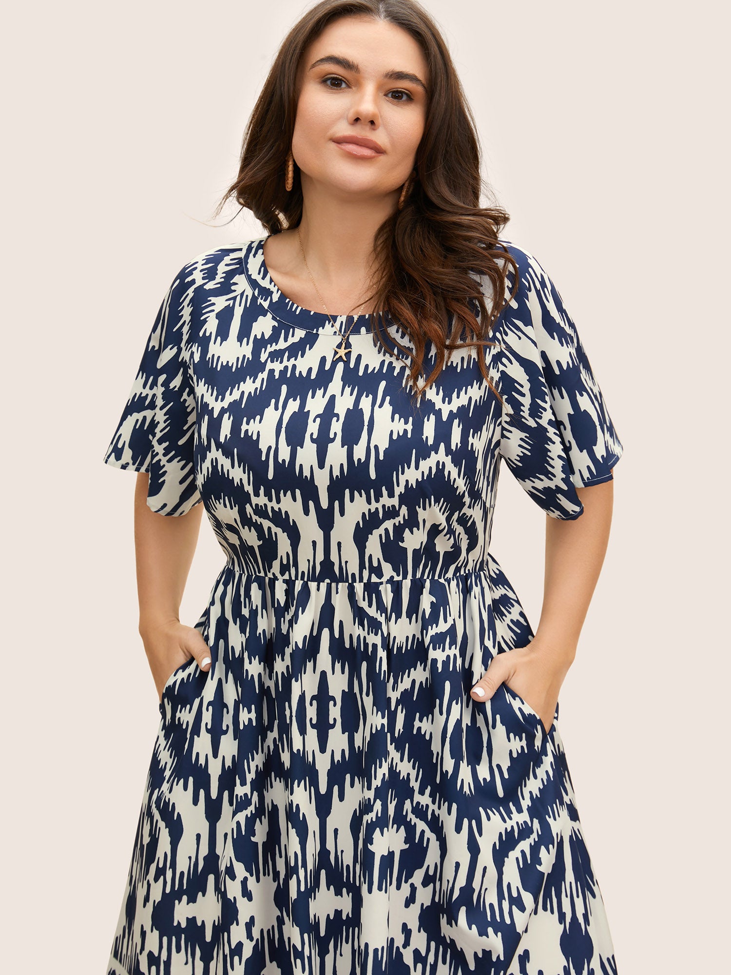 Boho Print Ruffle Sleeve Midi Dress