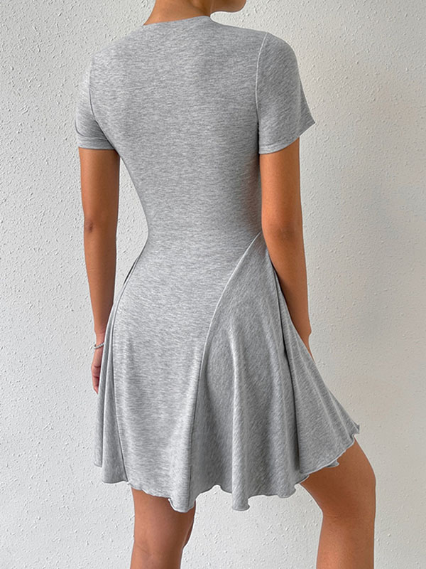 A-Line High Waisted Pleated Solid Color Round-Neck Mini Dresses