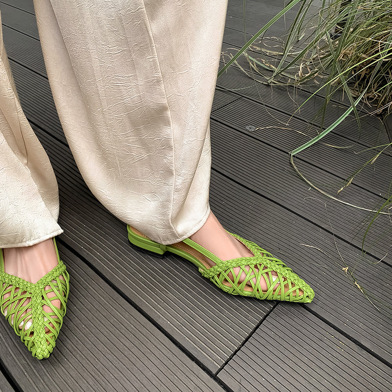 Women's Woven Pointed Toe Slingback Flat Sandals Breathable Summer Shoes in Green/Silver/Yellow/Gunmetal