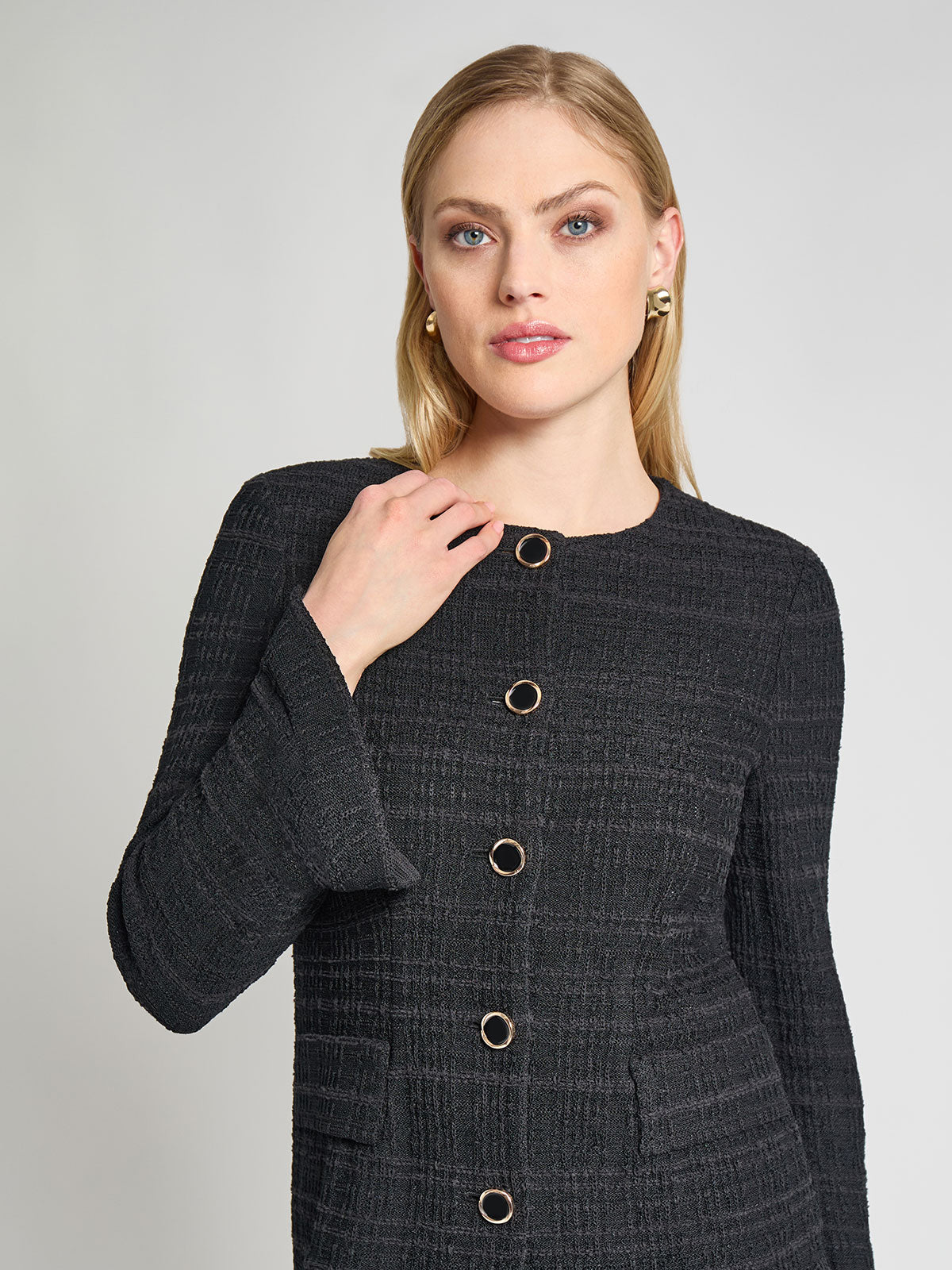 Tailored Tonal Plaid Knit Jacket, Black - Vanity Fit