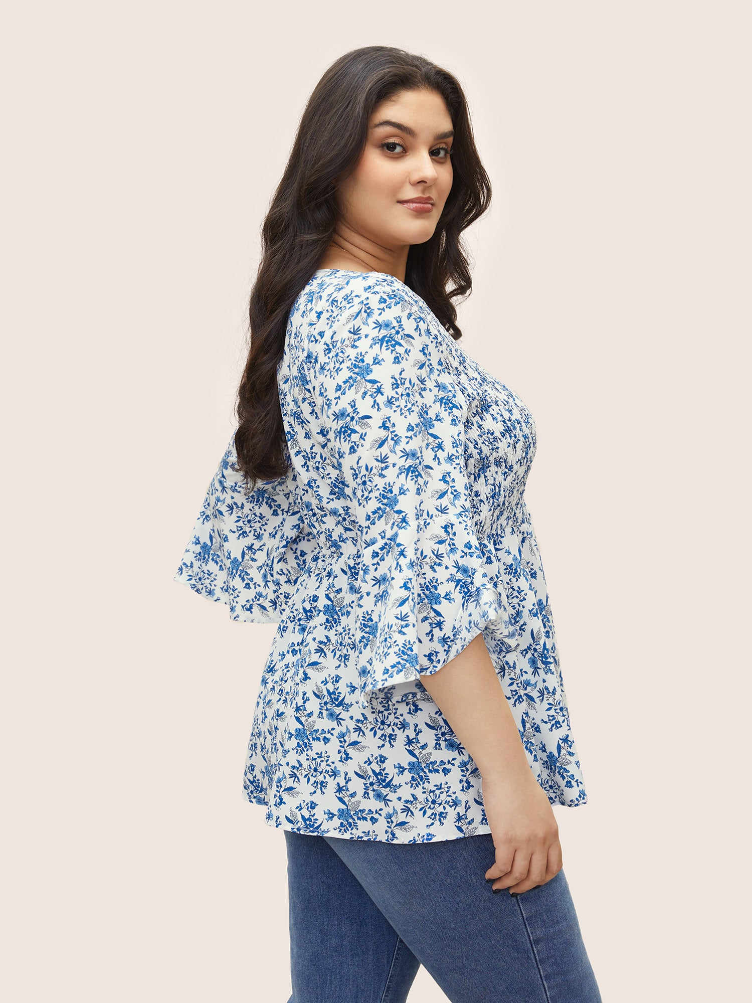 Ditsy Floral Shirred Ruffle Sleeve Blouse