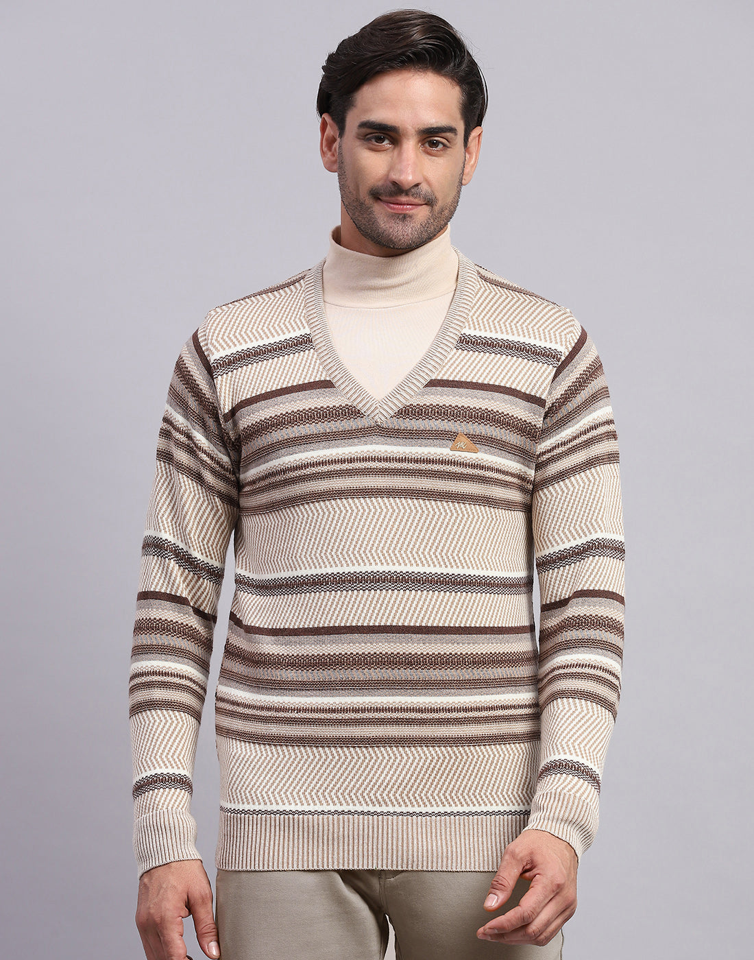 Men Beige Self Design V Neck Full Sleeve Pullover